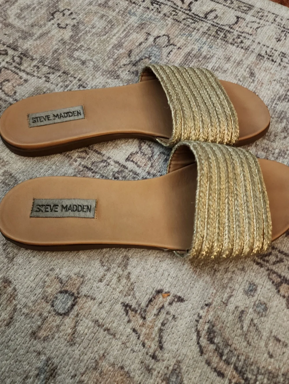 Steve Madden Gold Slides Flat Sandal Slip On Gold Woven 7